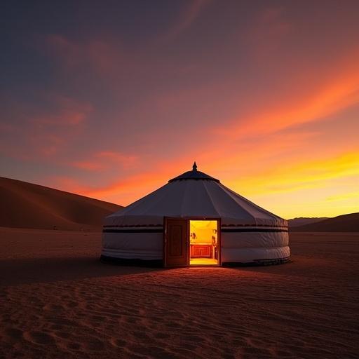 Image of the Gobi Desert at sunset. An open yurt reveals its interior. Bright warm light. Desert landscape background with soft sand dunes.
