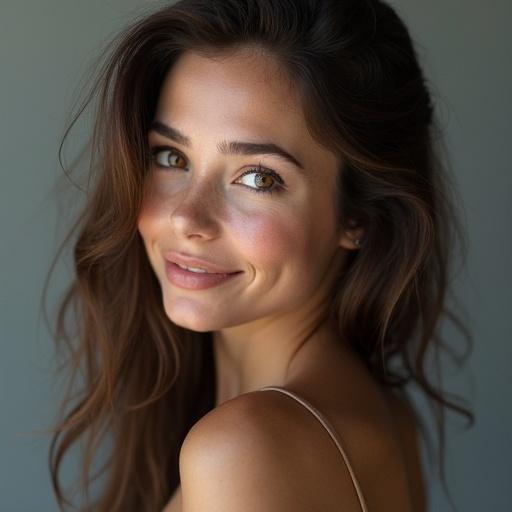 Cinematic portrait of a woman with a serene expression and subtle smile. She has hazel eyes and freckles on her cheeks. The lighting is soft and directional. The background is light gray. Hair cascades over one shoulder. Taken with a Canon EOS R5 at 85mm f/1.4 with creamy bokeh.