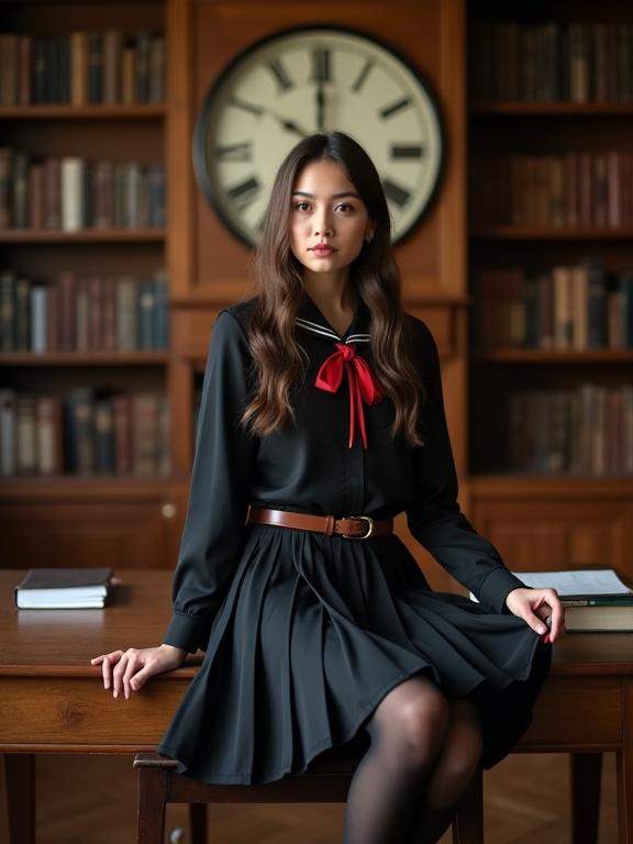 photograph of a young woman seated on a wooden desk in a library with bookshelves. She wears a black school uniform with a red ribbon. The setting has warm tones and is well lit. The camera angle is slightly low, creating a powerful impression