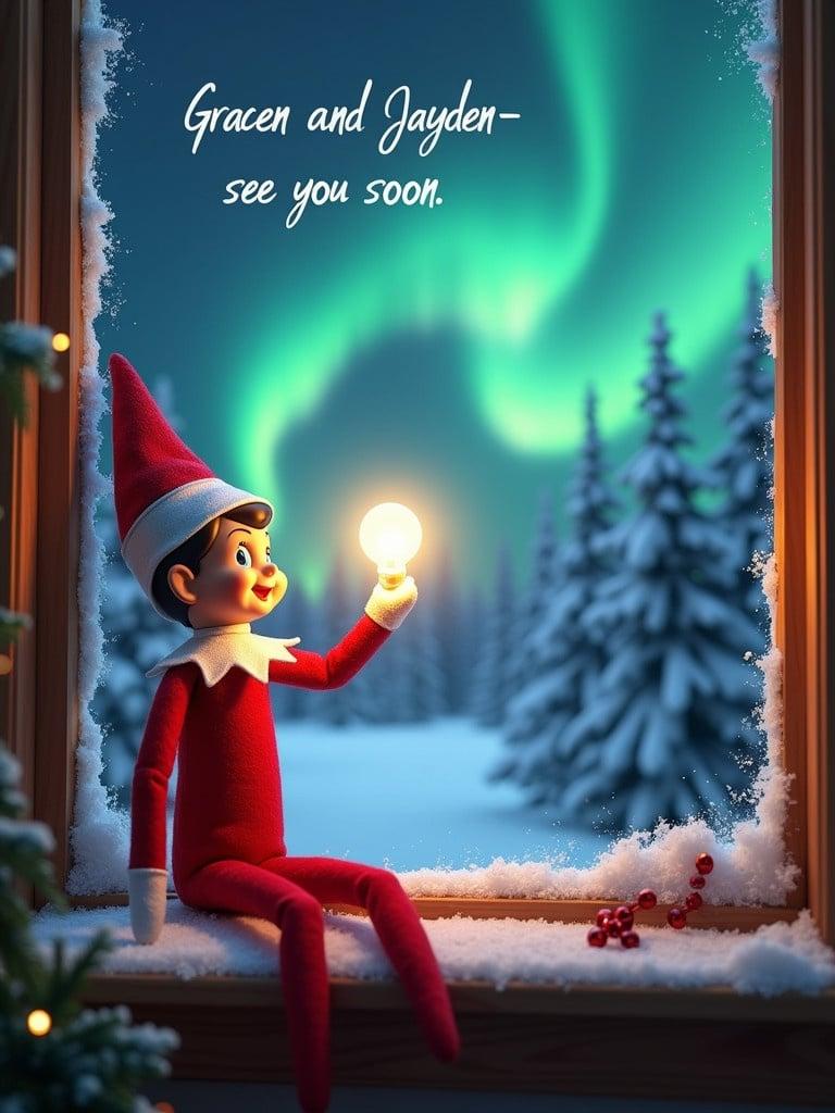 A cheerful elf on a shelf sits by a window during winter. The elf grabs a bright light bulb looking excited. Handwritten text 'Gracen and Jayden- see you soon' glows warmly in the sky. Snow and holiday decorations adorn the window ledge. Surrounding view is filled with snow-covered trees enhancing the magical atmosphere.