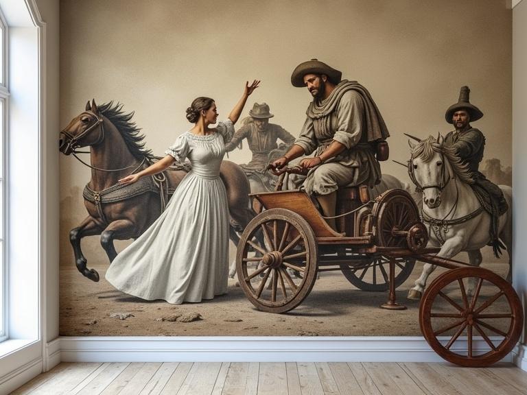 Intricate mural depicting an action-packed scene featuring a man in a chariot a woman dressed elegantly and a man in a hat. The mural is set in a room characterized by white walls and a wooden floor. A large wooden wheel is positioned on the right side of the room. The perspective captures the details of wallpaper and the interaction between the figures.