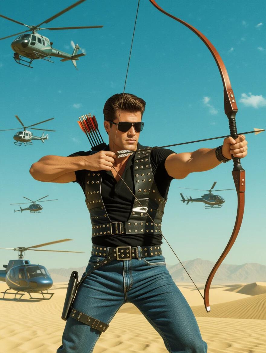 80s action movie poster featuring a male hero with a bow and arrow. He wears a black shirt and denim jeans with rivets. The scene is set in a desert with helicopters in the background. The image has vivid colors and an HDR effect.