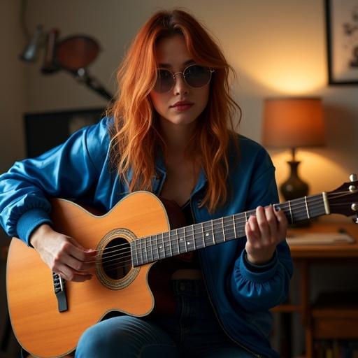Stylish influencer in New York with long brown hair and bronzed skin sits in a home studio playing guitar on a bench. She wears a denim mini skirt, white tank top, and blue bomber jacket with large black zippers. A studio microphone is nearby. Her pose is confident and relaxed, hair flowing with a gentle breeze. Warm cinematic lighting highlights her vibrant energy.