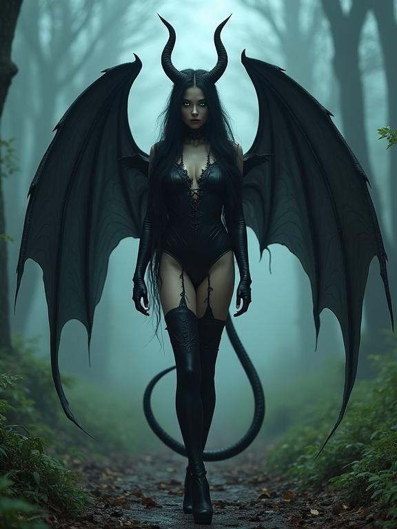 A tall and sensual succubus stands in a misty forest. She exudes confidence with a critical gaze. Her body is elegant, adorned with dark, intricate clothing. Long black hair flows, and curved black horns crown her head. Bat-like wings spread wide. A serpent-like tail sways behind her. Her eyes glow with intensity. The lighting is soft and atmospheric, enhancing the mystical theme.