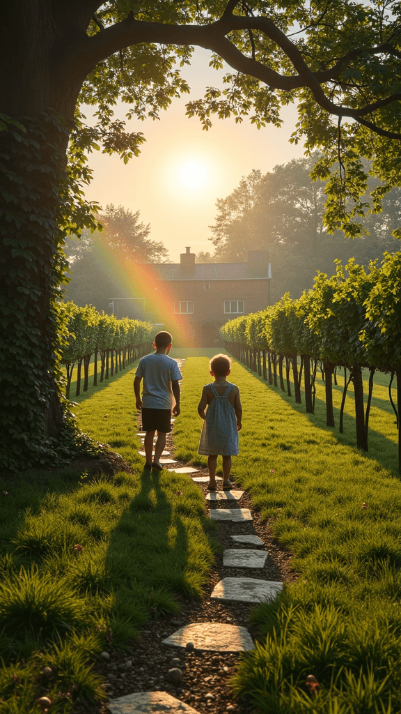Two children walk along a stone path through a vineyard at sunset, with a rainbow in the background.