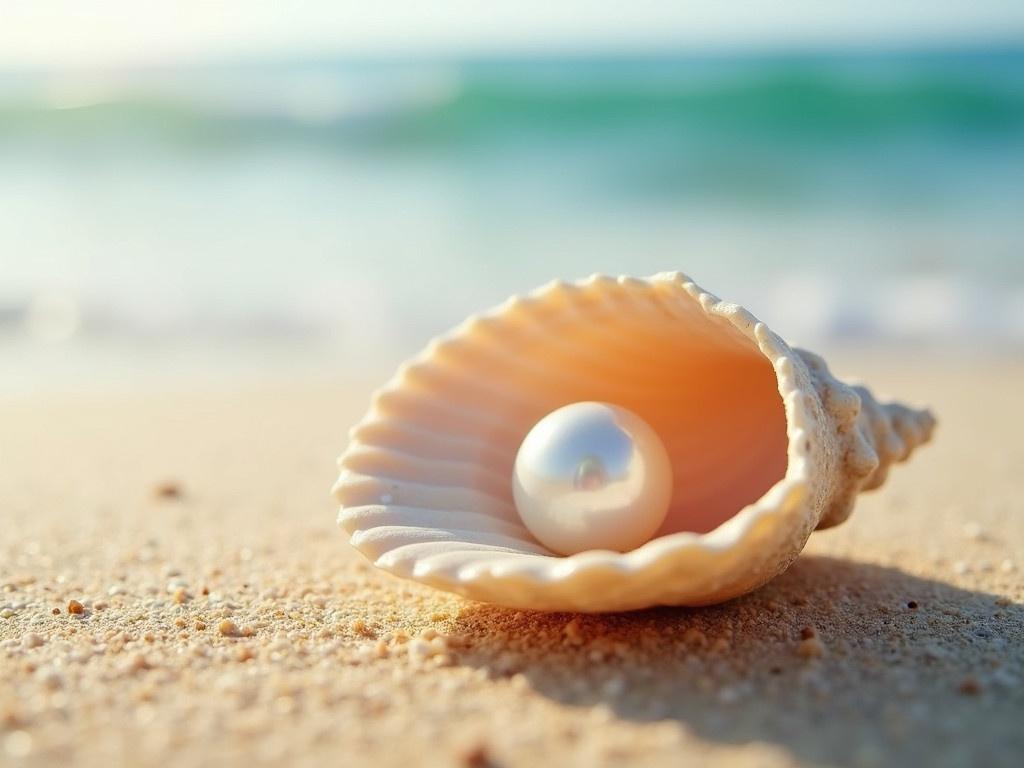 A beautiful close-up image of an open seashell resting on soft, golden sand. Inside the shell sits a perfectly round, lustrous pearl, glistening under soft sunlight. The background features a serene beach scene with a blurred ocean view, gently reflecting soft waves. The image captures the tranquility and beauty of a beach setting, emphasizing the natural treasures found along the shoreline. The colors are soft and calming, giving a feeling of peace and relaxation.