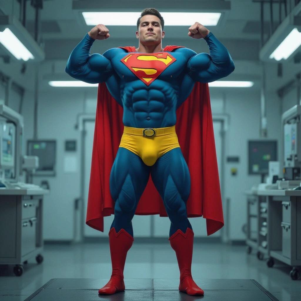 Powerlifter in yellow briefs lifts superhero in red briefs. Scene set in a laboratory. Display of strength and confidence.