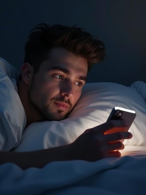 Realistic portrait of a man lying on a bed. He looks sideways at a glowing smartphone. The setting features soft pillows and dim night lighting. His expression is emotional and thoughtful.