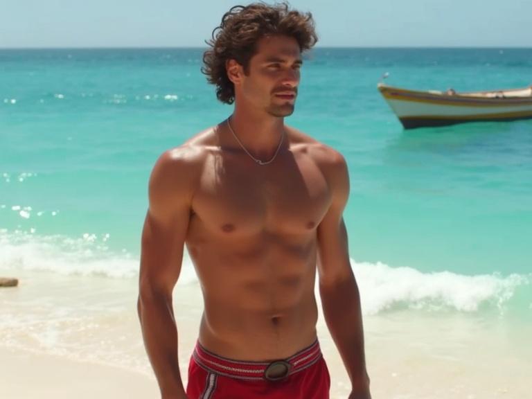 Muscular man by the beach near turquoise water. Man stands confidently on the shore. Bright sunlight enhances the summery feel. Ocean waves gently crash at his feet.