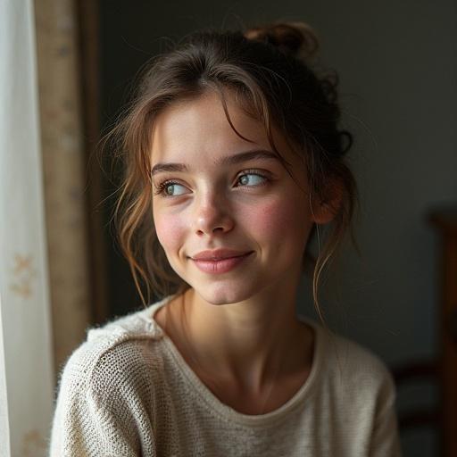 Portrait of a young woman smiling warmly. She has soft brown hair and is wearing a light sweater. The setting features natural lighting and a cozy environment.