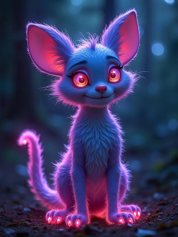 A cute electronic blue creature sits in a mystical forest setting. The creature glows with soft pink and purple light. It has large ears and sparkling eyes, creating a fantasy atmosphere.