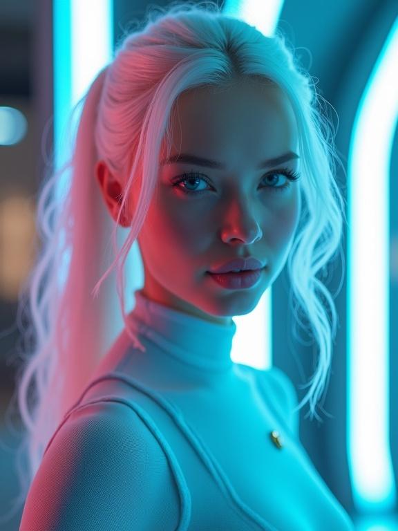 Portrait of a woman in a vibrant turquoise bodysuit. Scene includes LED lighting. Woman has long white hair and brilliant blue eyes. Face and body details are emphasized with dynamic composition and lighting. Outdoor setting with futuristic elements. Exaggerated comic style.