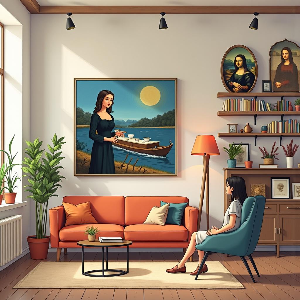 A modern living room with a big painting, colorful sofa, a woman in a chair, and a wall with bookshelves. The room has plants and natural light. A sense of artistic conversation is evident.