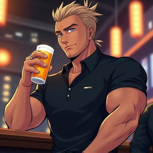 Anime character in a modern expensive bar. Man appears calm and composed. Features silver eyes and a handsome face. Short light brown spiky hair styled in a ponytail. Wearing an expensive polo shirt. Muscular build with six-pack abs. Holds a glass of non-alcoholic beer. Wedding ring on middle finger. Set in Dallas during spring at night.
