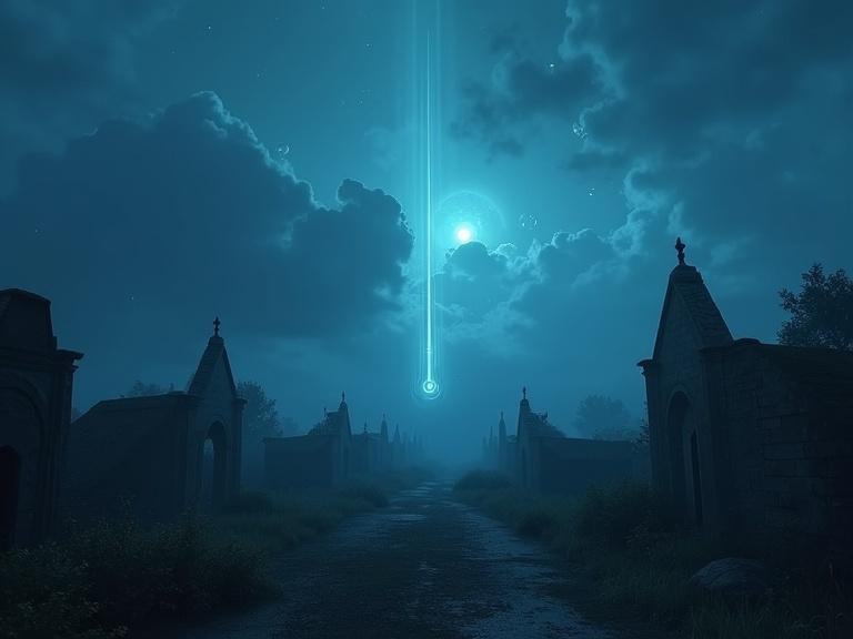 Night scene featuring an abandoned village bathed in deep blue light. Glowing orbs streak across the sky above the ruins, creating a supernatural ambiance. Clouds softly illuminated, contributing to the eerie atmosphere.