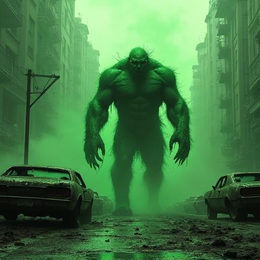 Hulking grotesque figure with mouldy skin in a dead city. Zombies fill the foreground. Desolate street with crashed cars and smoke. Bright green ambiance with a dark atmosphere.