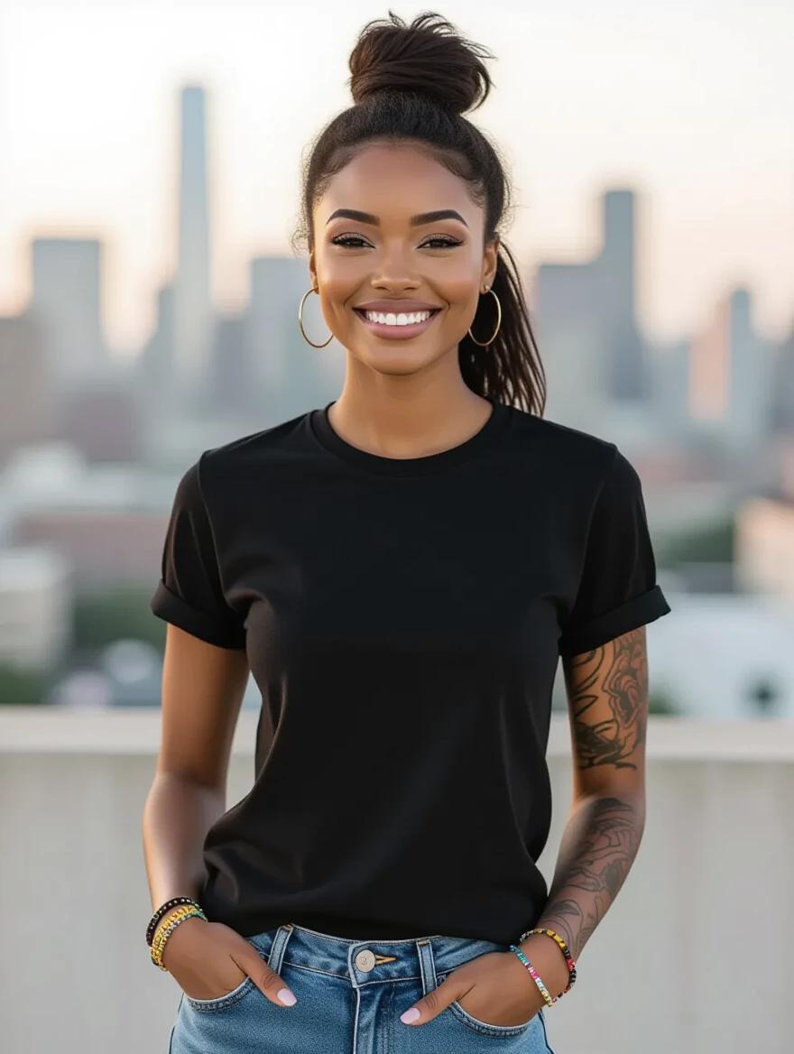 Stylish young woman wears plain black t-shirt. She stands casually in urban environment. City skyline in background. She has wrist bracelets and colorful tattoo sleeve on one arm. Hair styled in ponytail. Natural makeup enhances her look. Dynamic pose emphasizes confidence. T-shirt appears smooth and realistic. Neutral tones dominate the scene.