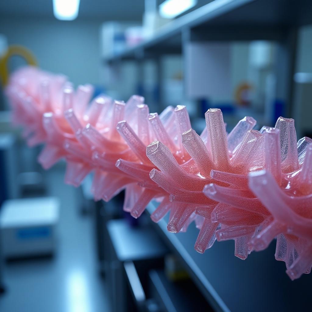 The image showcases a close-up view of a pink electrospun vascular graft, highlighting its intricate structure. The graft appears to be suspended on a lab shelf in a biomedical research environment. Soft lighting gently illuminates its texture, emphasizing the fine details of the electrospun fibers. The blurred background suggests a busy laboratory setting. This visual represents advances in medical technology, specifically in creating artificial vascular grafts through electrospinning techniques.