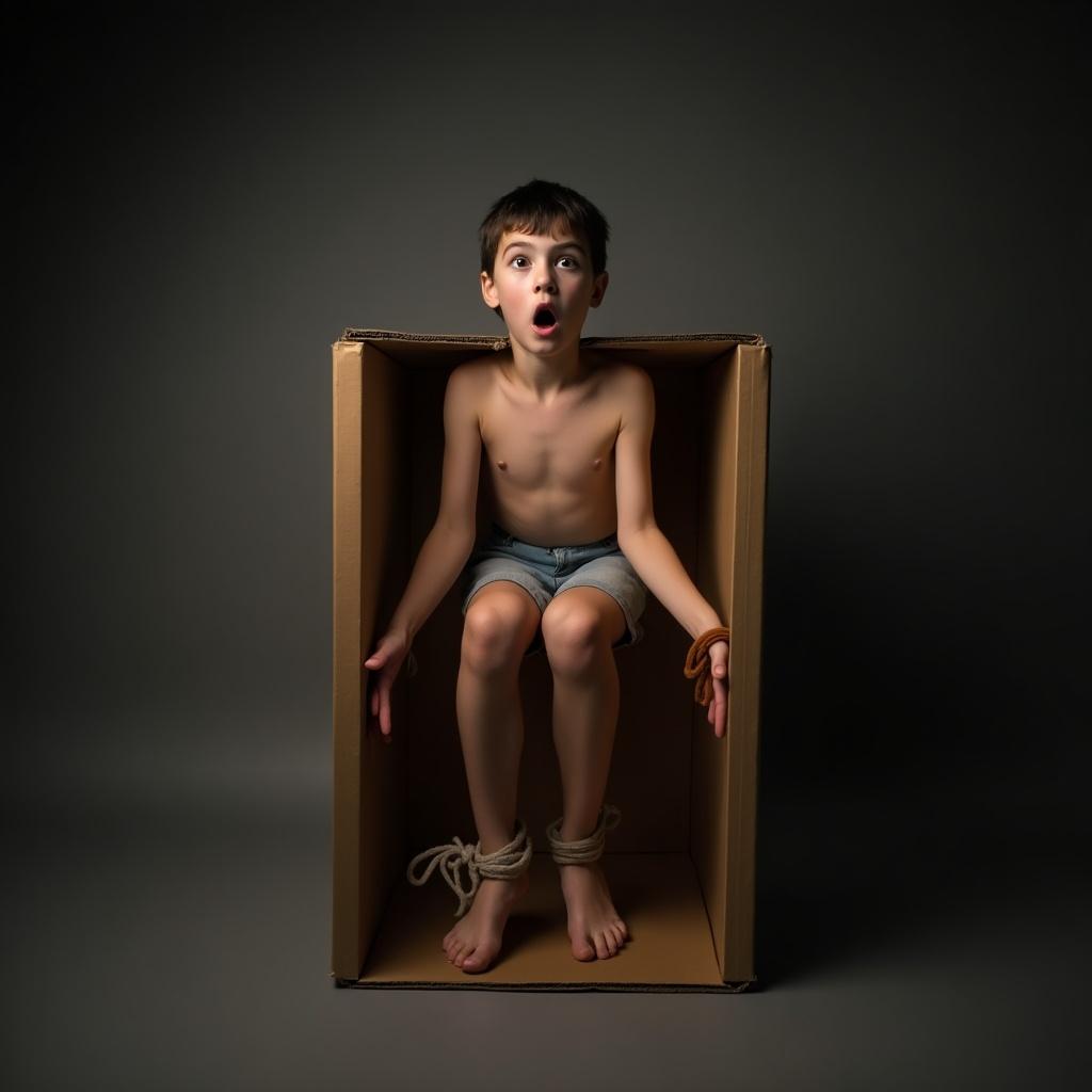 A full-body portrait of a boy sitting in a cardboard box, with his feet tied up. He appears shocked and surprised, looking out of the box. The boy is shirtless and wears denim shorts. The box is large enough for him to fit inside but constrains his legs. The background is dark to enhance the emotional impact of the scene. Soft lighting illuminates his face, providing a dramatic effect. This image could evoke feelings of concern and empathy.