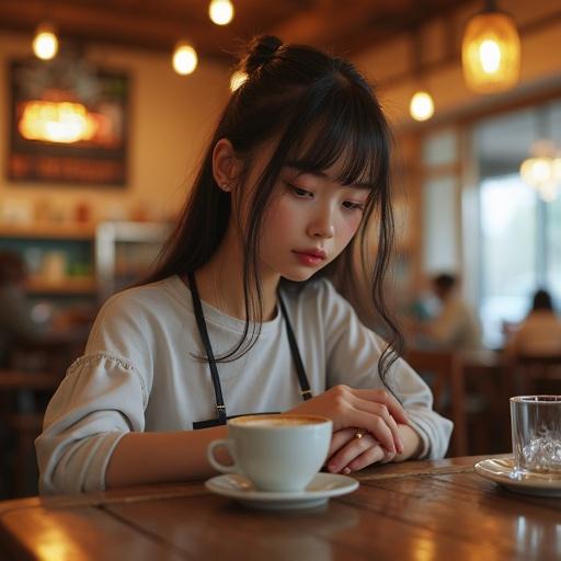 A girl seated in a cafe enjoying a cup of coffee. Natural light fills the space. The girl appears contemplative, dressed casually, and surrounded by warm cafe decor.