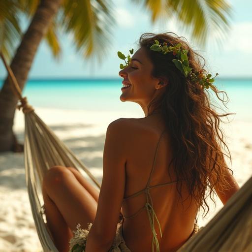 Beautiful woman enjoys life alone on a tropical deserted island. She smiles happily with sun-kissed skin. Long messy hair adorned with leaves and flowers. Wears simple clothing made from torn fabric and large leaves. Sits relaxed in a hammock made of palm leaves. White sandy beach and clear blue ocean in the background. Soft warm sunlight with magical light particles. Peaceful joyful atmosphere. Cinematic lighting.