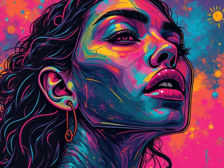 Visually striking image features geometric abstraction vibrant colors intricate details blending neonpunk line-artpunk elements in thought-provoking composition inspired by influential artists