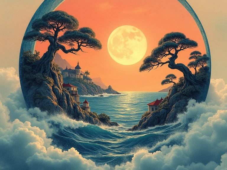 Surreal scene of Earth with Victorian villages and bonsai trees inside the moon. A water cycle depiction in a Sumi-e style. Intricate and hyper-detailed imagery.