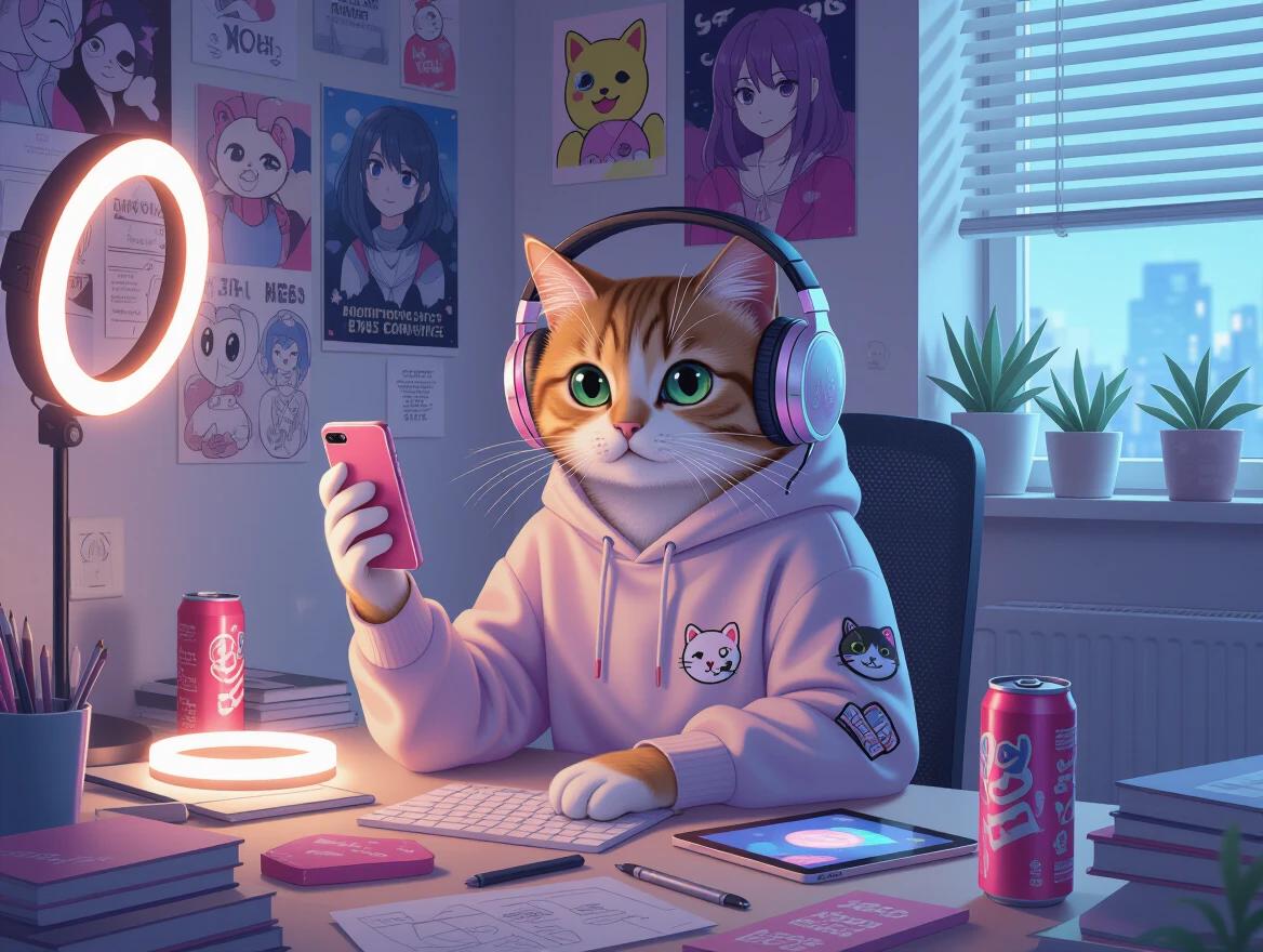 A cat sitting at a cluttered desk filled with pastel stationery. The cat wears a hoodie with cute patches. Wireless headphones are over its ears. Cat holds a smartphone in selfie mode. Nearby is a glowing ring light and an open tablet. The desk has energy drinks. LED lights accent the wall. Posters of memes and anime decorate the background. Natural light comes from a bedroom window.