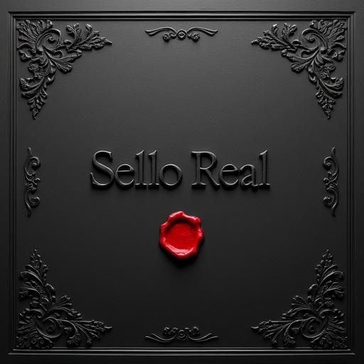 Artwork for a dramatic album cover. Matte, charcoal-black artisan paper. Intricate ornamental border blind embossed. Title 'Sello Real' in large serif font. Hyper-realistic bright red sealing wax drop. Minimalist mood. Formal yet dangerous atmosphere. Moody lighting highlights red wax drop. Photorealistic style. Aspect ratio 1:1.