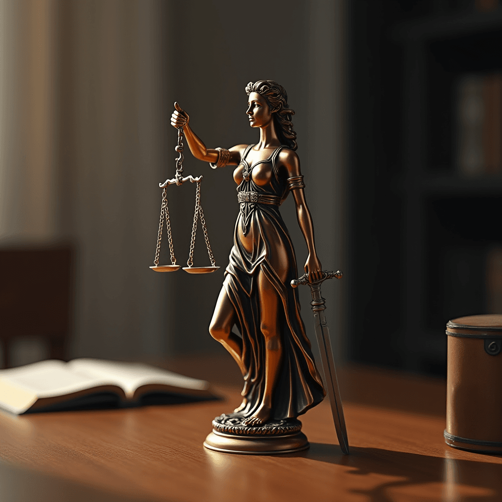 The image depicts a golden Lady Justice statue holding scales and a sword on a wooden table with an open book nearby.