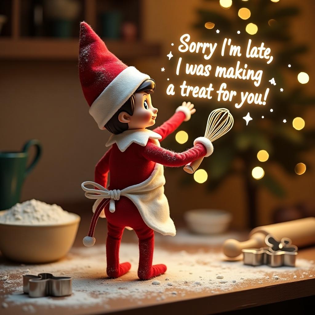 The image features an elf on the shelf in a cozy kitchen, covered in flour, wearing an apron. The elf holds a whisk and is writing a message in the air. The setting includes baking ingredients and festive details, evoking the Christmas spirit.