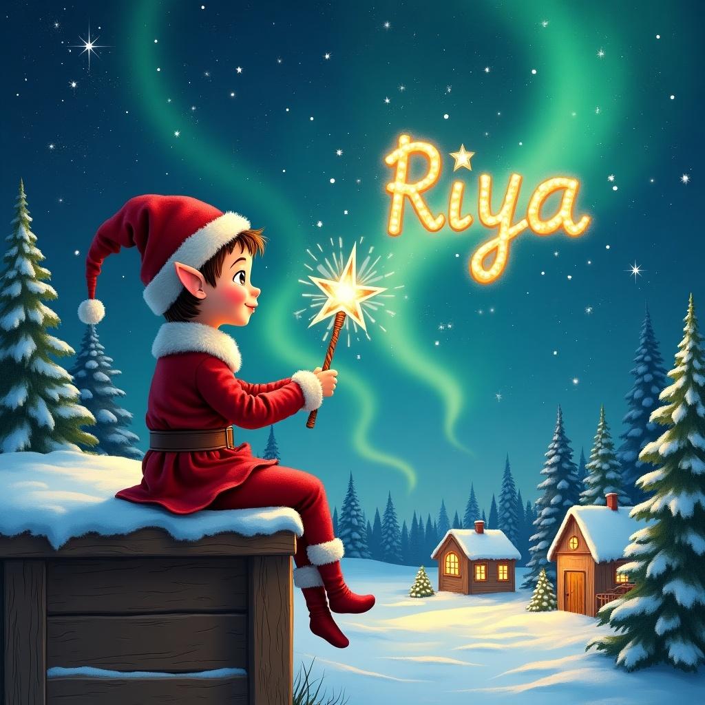 An elf sits on a wooden ledge gazing at a magical sky. Dressed in a red outfit with a pointed hat, the elf holds a sparkling wand and writes the name 'Riya' in the starry sky. The scene shows a snowy landscape, charming little houses, and evergreen trees under shimmering Northern Lights.