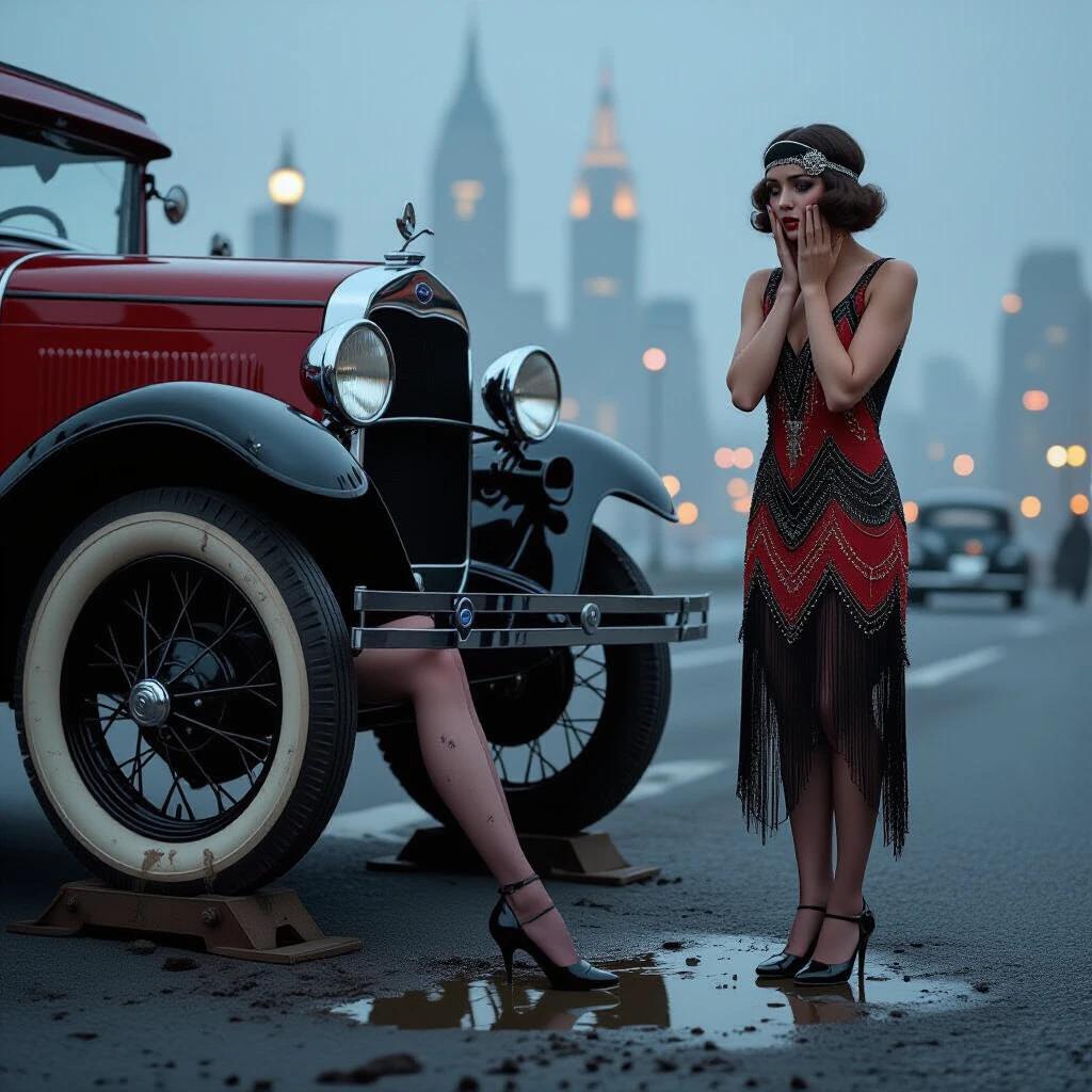 Roadside scene from 1928 featuring vintage Ford Model A. Bottom of frame shows woman's legs wearing high-heeled shoes. Dress hem visible along with muddy stockings. One shoe placed off. Top of frame shows second woman standing next to car. She wears flapper dress with dramatic expression. Hands pressed to cheeks, gazes despairingly at smoking engine. Car raised on a jack and oil dripping near legs. Art Deco city lights appear in foggy distance. Photorealistic image with high detail.