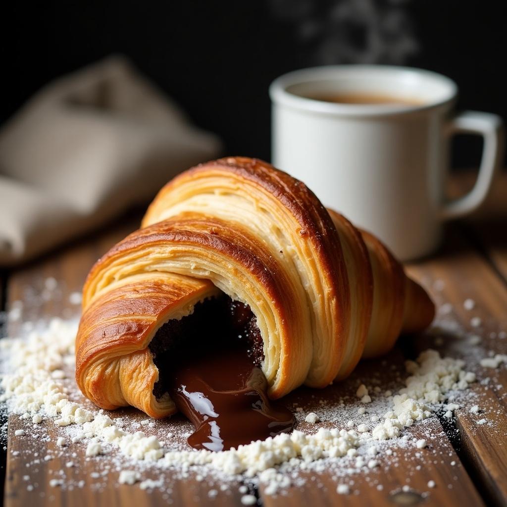 This image showcases a French butter chocolate croissant placed elegantly on a wooden table. The croissant has a visible oozy chocolate filling, drawing attention to its rich, decadent nature. A cup of coffee sits in the background, hinting at a perfect breakfast pairing. Soft lighting highlights the flaky texture of the pastry while creating a warm atmosphere. Powdered sugar is sprinkled around, adding an artistic touch to the composition.