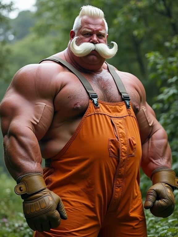 A colossal bodybuilder poses in 3/4 view. Muscular physique showcases enormous biceps. He has a thick white mustache and stares at the viewer. Wearing orange overalls and leather gloves. Muscular arms dominate the foreground. Skin is sweaty and reflective. Background is an overgrown garden. The image conveys raw power and authority.