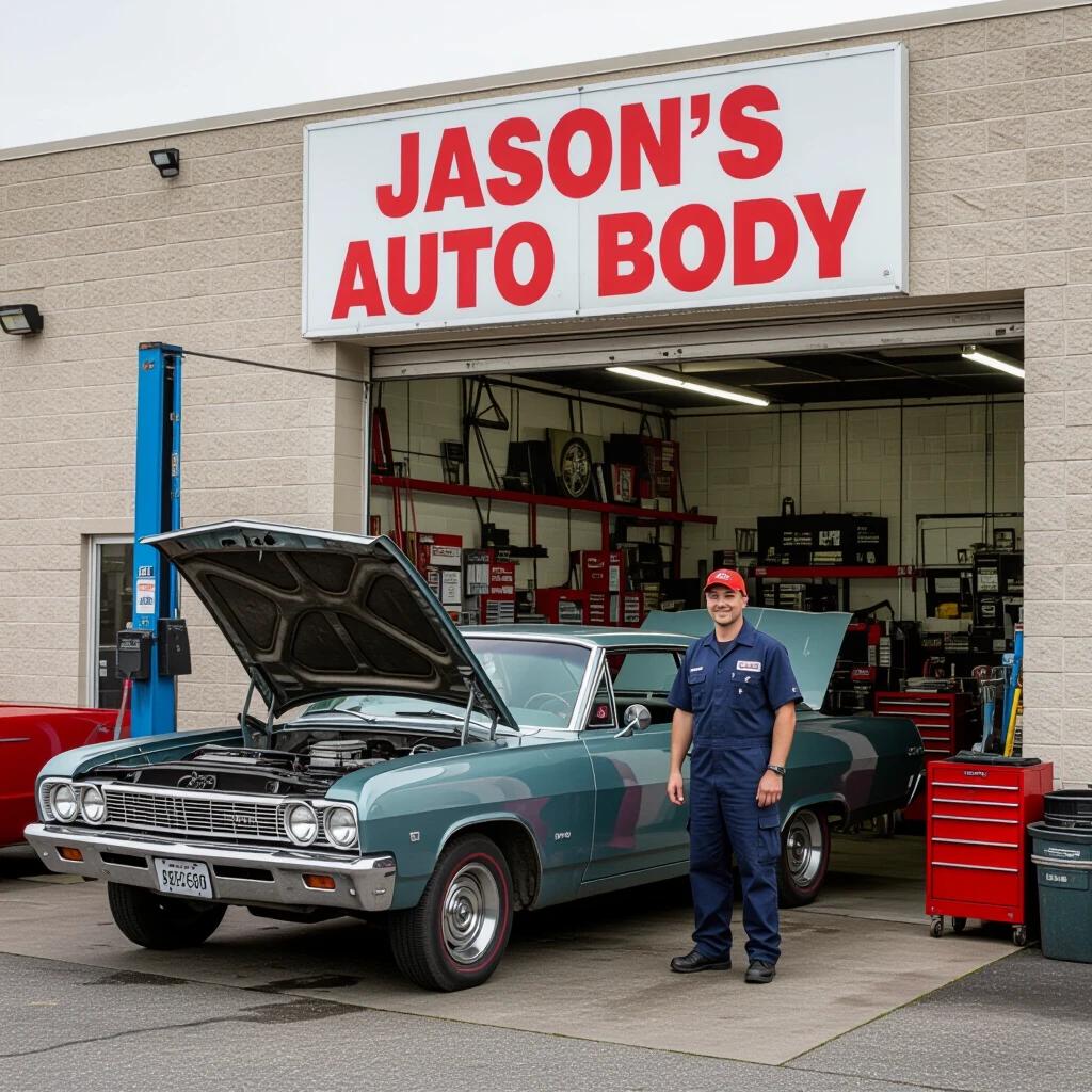Image of a car mechanic shop named Jason's Auto Body with a classic car and a mechanic