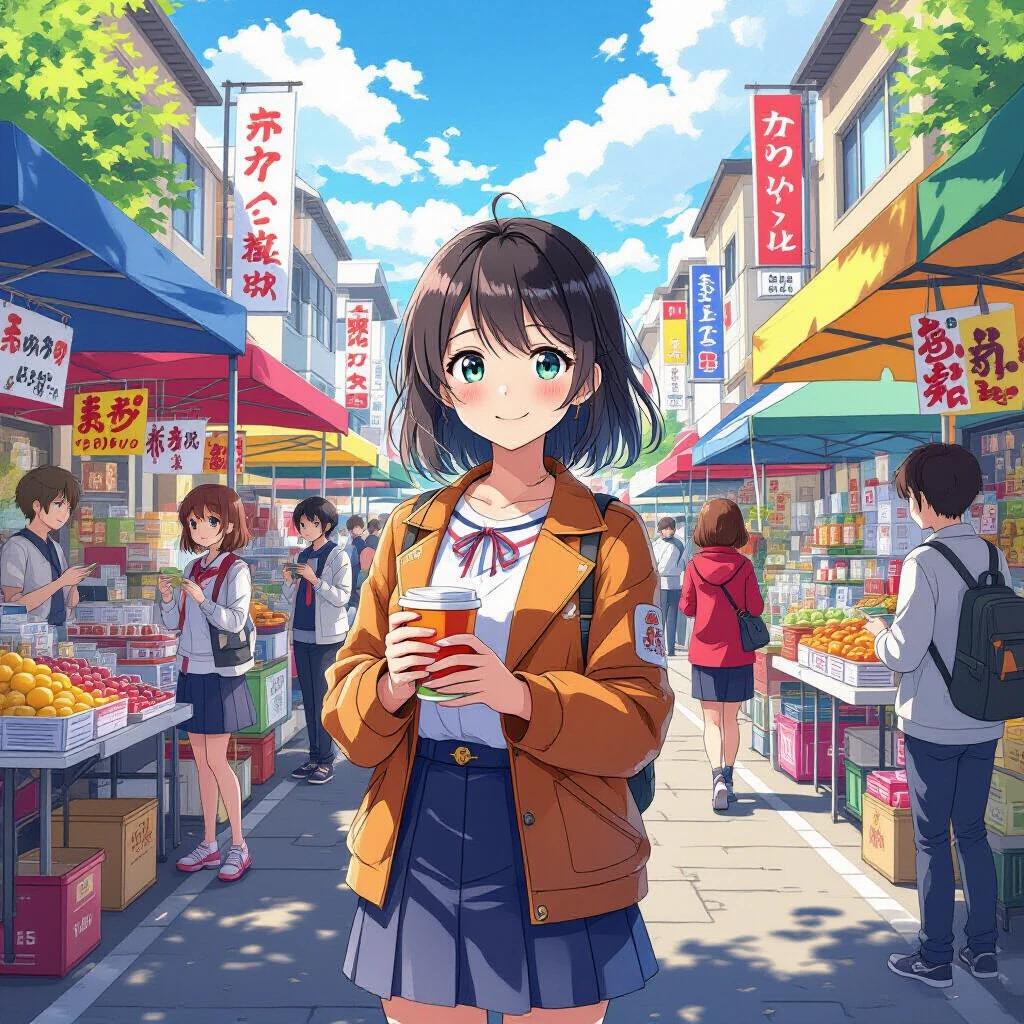 A vibrant anime market scene with various stalls selling fruits and goods. A girl in a school uniform stands in the foreground, holding a drink and smiling. The background shows busy market activity with people shopping. Bright colors dominate the picture, creating an energetic atmosphere.
