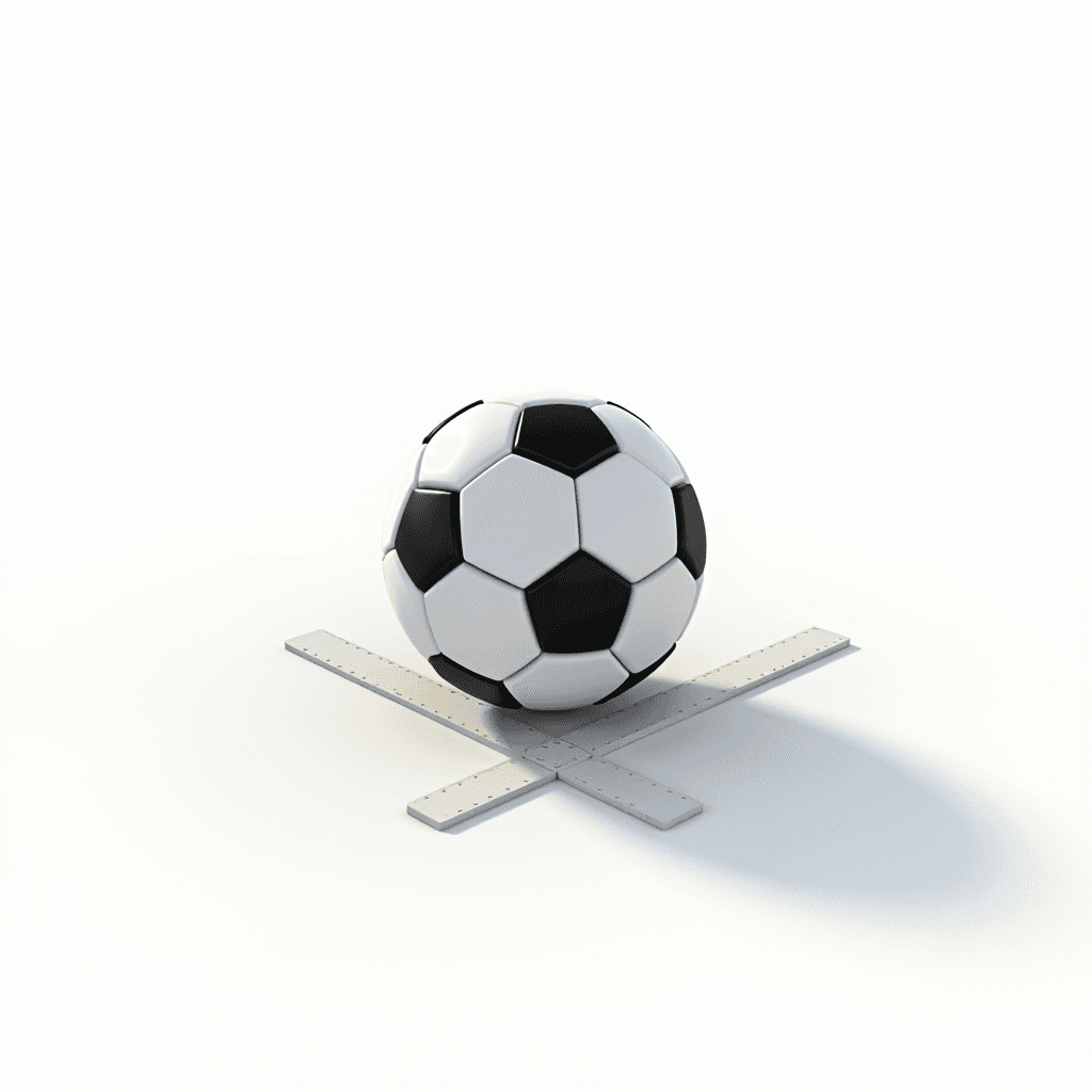 A soccer ball balanced on a pair of intersecting rulers on a white background.
