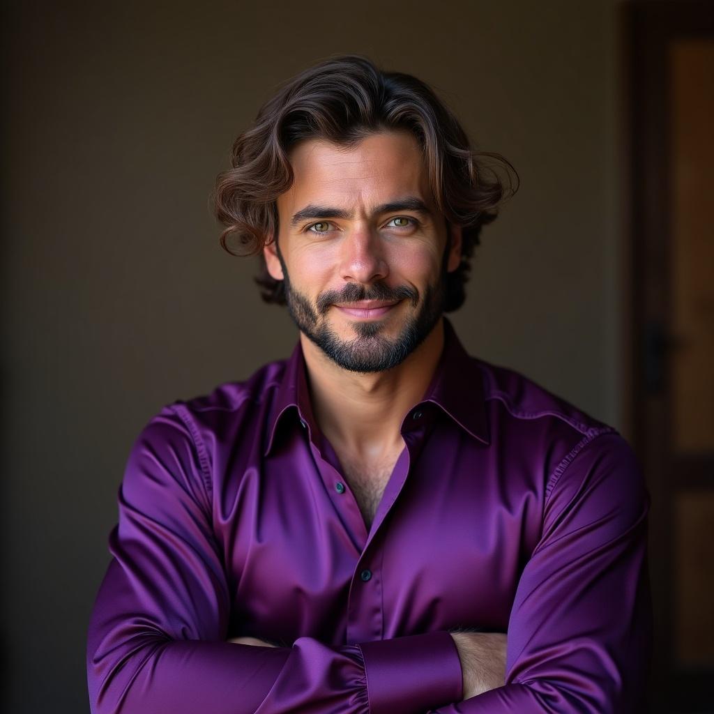 A stylish man is wearing a luxurious purple silk shirt. His long hair frames his face, accentuating his confident smile. He has a well-groomed beard that adds to his charming appearance. The background is neutral, drawing attention to his rich outfit. The lighting is soft and natural, highlighting the sheen of the silk fabric. This image could be perfect for fashion magazines or style blogs, showcasing modern men's fashion trends.