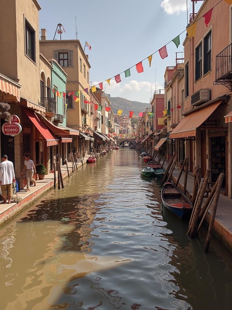 Colorful canal with traditional buildings. Flags hang above the waterway. Boats line the sides. People walk along the canal. Daylight illuminates the scene. Perfect for travel photography.