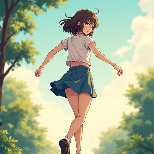 Young woman with short skirt walking away from the camera looking back over her shoulder in anime style.