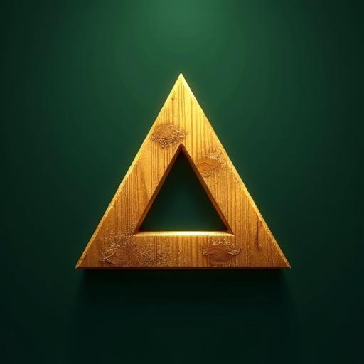 A golden triangular symbol made of wood. The background is dark green. The triangle has a cut-out in the center. The texture of the wood is visible and detailed.