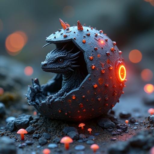 Realistic photograph of a baby dragon cyborg just hatched from a black crystal egg in an ancient cybernetic forest. Small neon mushrooms and living neon wiring surround the dragon.