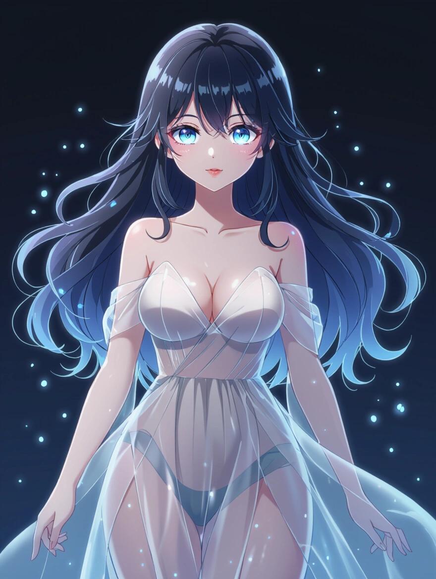 Anime style female ghost character with a voluptuous figure. Big shiny expressive eyes with a glowing effect. Long flowing hair gently floating in semi-transparent soft white and blue hues. Wearing a flowing translucent dress with folds. Soft glowing aura around the character. Dark background. Designed for sublimation printing with clean lines and high detail.