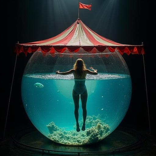A huge fish bowl sits in a circus tent. A woman swims inside giving a performance. Background is black.