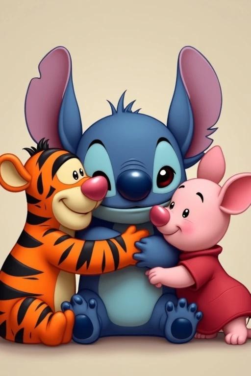Cute character resembling Stitch is hugged by characters resembling Tigger and Piglet. Stitch is blue with large ears. Tigger is orange and black. Piglet is pink. Tigger is the biggest and Piglet is the smallest. They are on either side of Stitch. Stitch is in the center.
