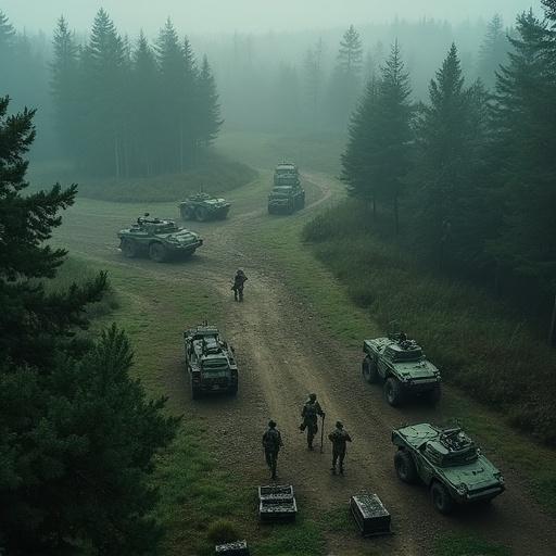 Training exercise with infantry squad in defensive position and armored vehicles providing support. Communication specialists operate radio equipment while reconnaissance drone surveils the area. Medical team sets up aid station. Supply crates arranged in tactical formation in early morning forested terrain with light fog.