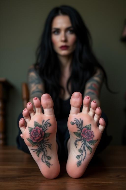 Image features a mature goth woman with long black hair. She shows off tattoos on the soles of her bare feet. Five toes on each foot visible. Sitting on a chair with feet on the table.