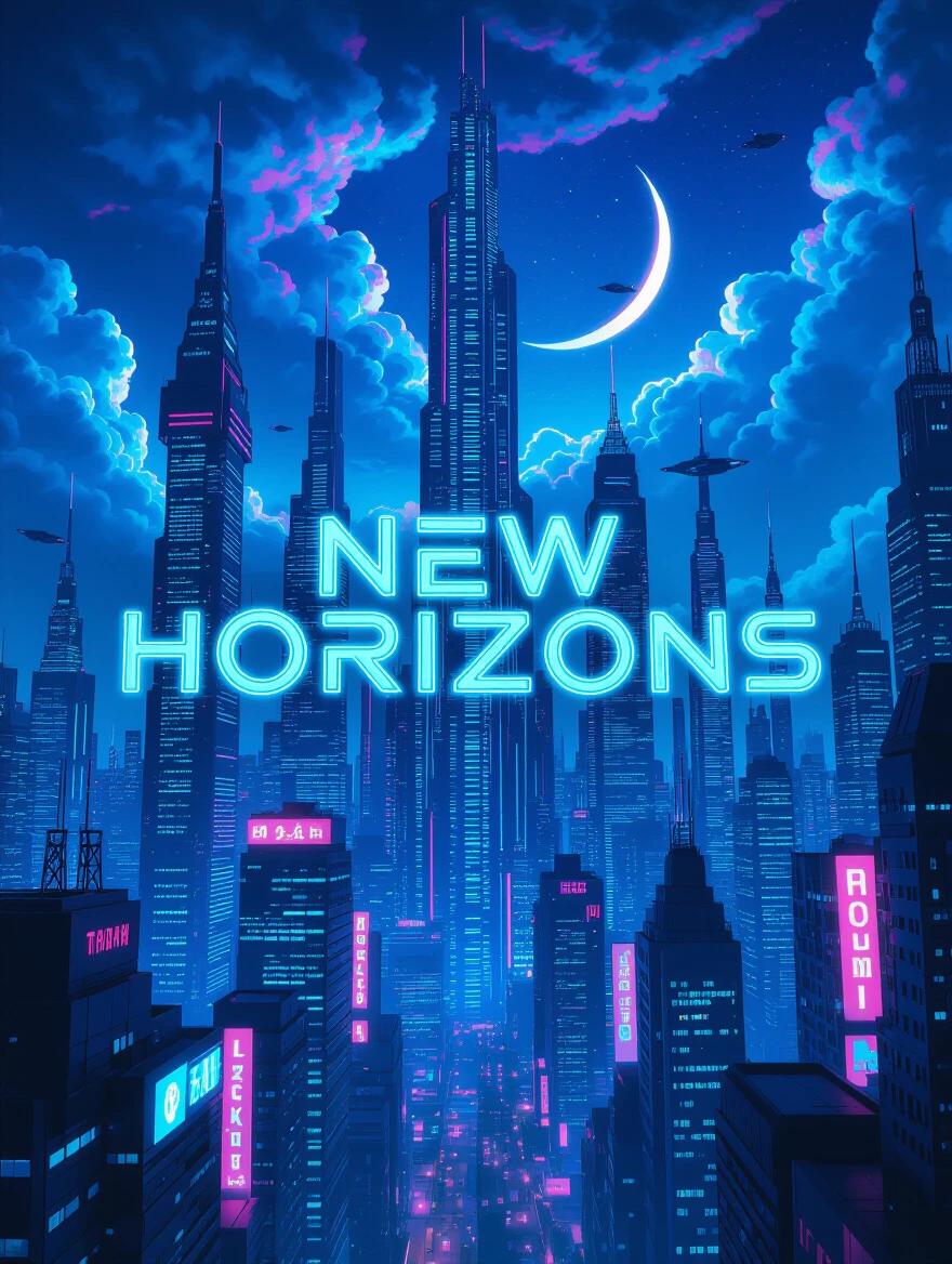 Futuristic cyberpunk city with towering skyscrapers. Neon lights illuminate the surroundings. The phrase New Horizons displayed prominently. Background features a holographic sky with clouds and a crescent moon. Flying vehicles visible in the distance.