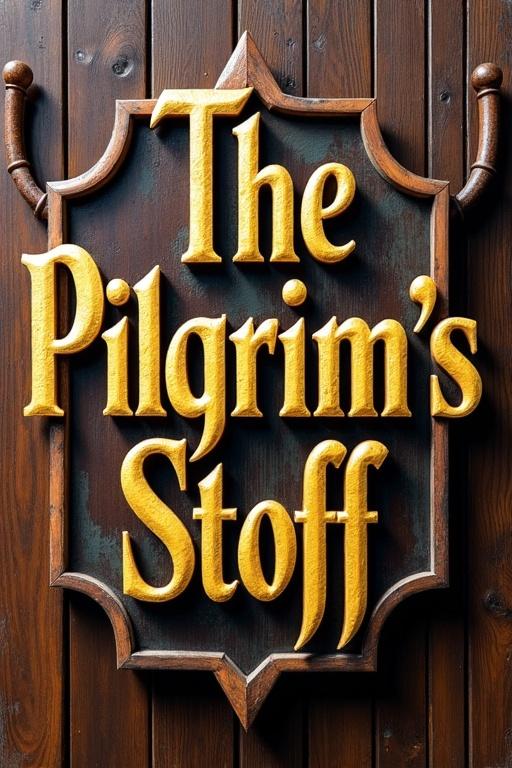 An ornate sign with the text 'The Pilgrim's Stoff' in bold wooden letters outlined in gold. Background features wood texture and staffs at the top. The sign represents a traditional tavern theme.